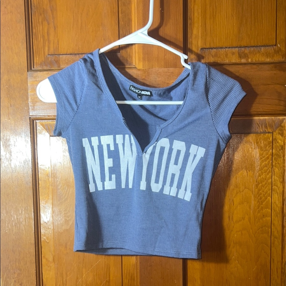 Fashion Nova Navy Ribbed Crop Top with 'New York' Print